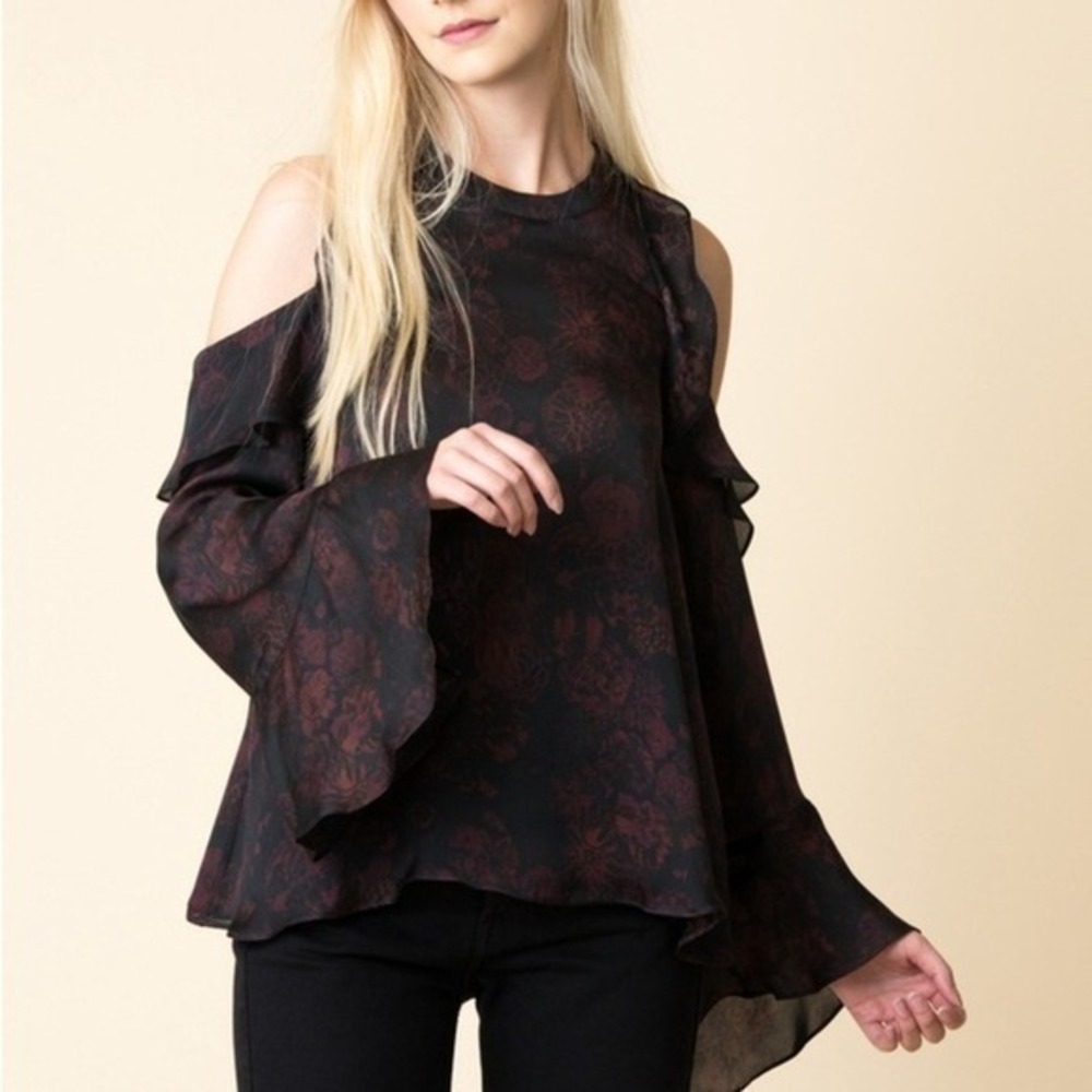 IRO Black and Burgundy Floral Cold Shoulders Blouse